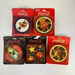 Lot Of 5 Vintage Coca-Cola 4" Deco Plastic Coasters Holiday themed